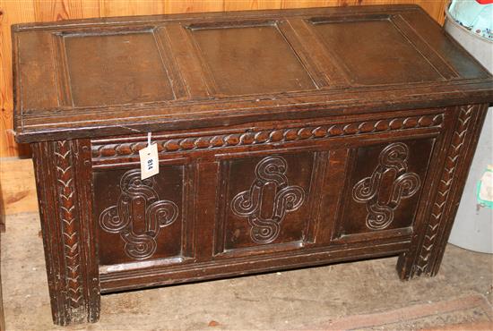 Late 17/18C carved and panelled oak coffer